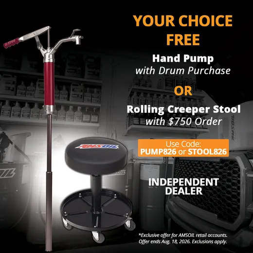 AMSOIL retail account promotion — free hand pump or rolling creeper stool, codes PUMP826 and STOOL826
